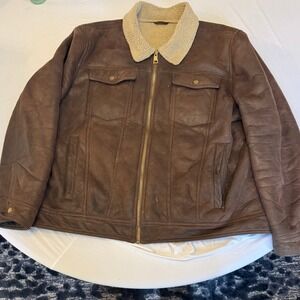 Black Rivet Leather Jacket Sherpa Collar Full Zip‎ Brown Coat |M1